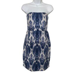 J. Crew Collection Silk Strapless Sheath Dress Blue Ikat Built in Bra Size 4